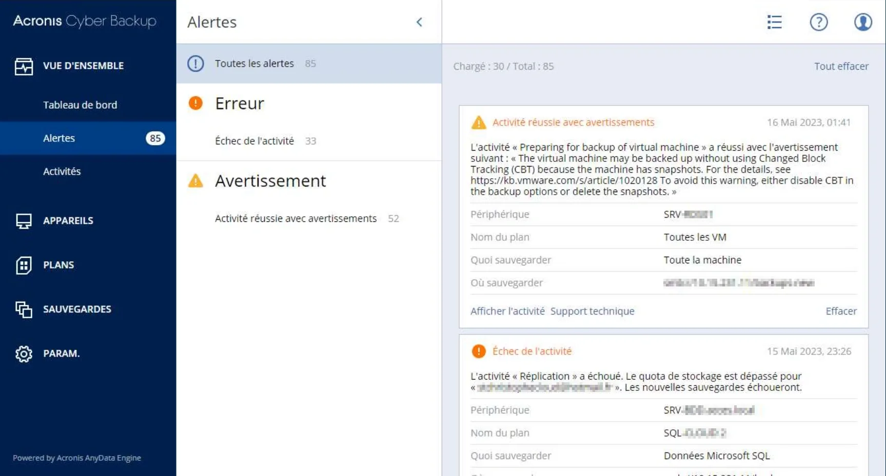 Acronis Backup — SRV-MGT vue 2